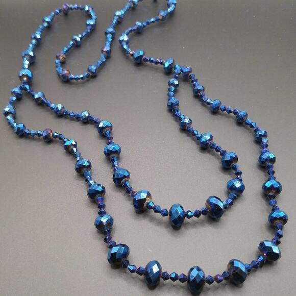 Blue Iridescent Beaded Necklace, No Clasp, Two Strands, 28 Inches - Picture 5 of 8
